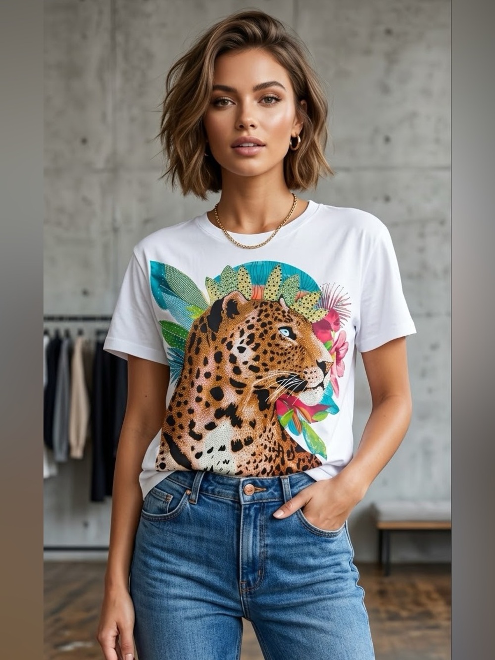 NWT Graphic Rhinestone Leopard Print White Tee Size S/M